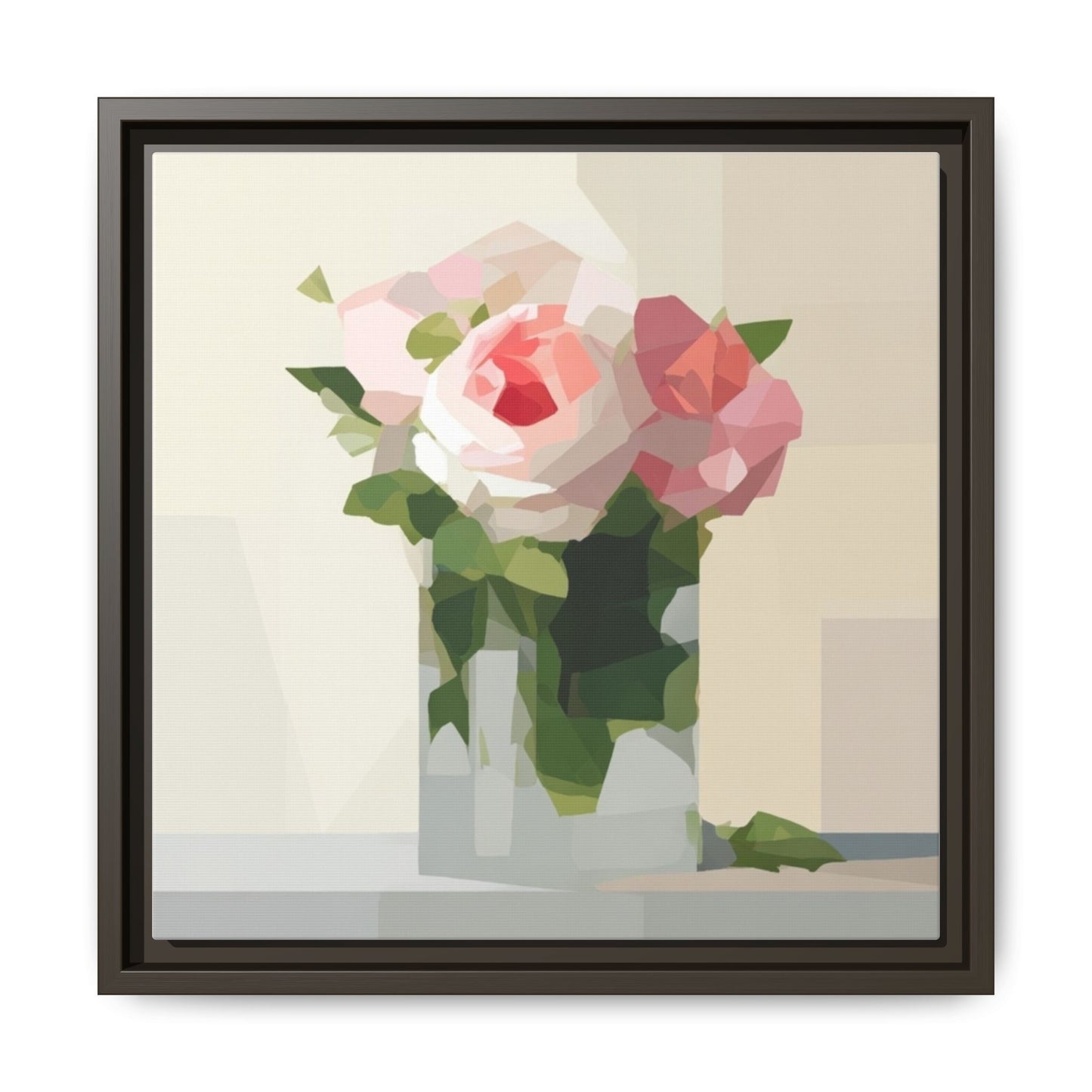 Framed Floral Canvas Print — Geometric Pink Rose Wall Art