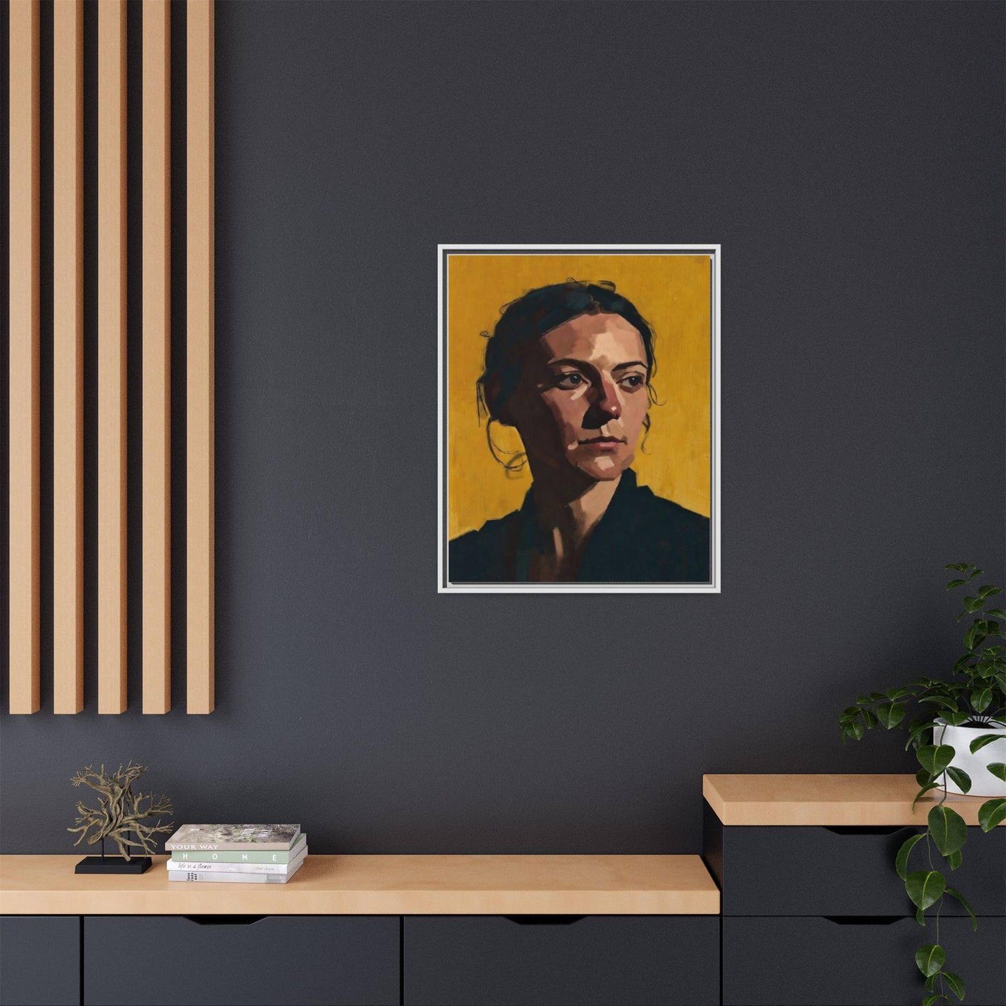 Framed Matte Canvas Portrait Art — Moody Woman on Mustard Background
