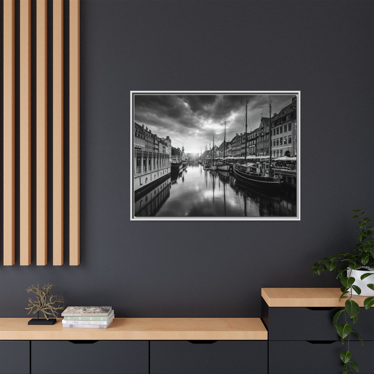 Framed Matte Canvas: Black & White Dutch Canal Photography Wall Art