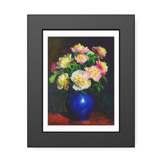 Framed Floral Poster — Pink Peonies in Blue Vase Wall Art