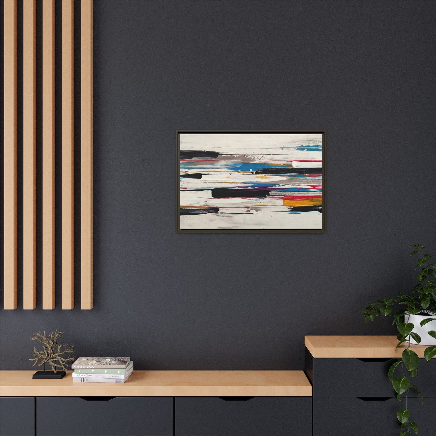 Abstract Multi-Color Framed Canvas Wall Art — Modern Horizontal Brushstroke Print
