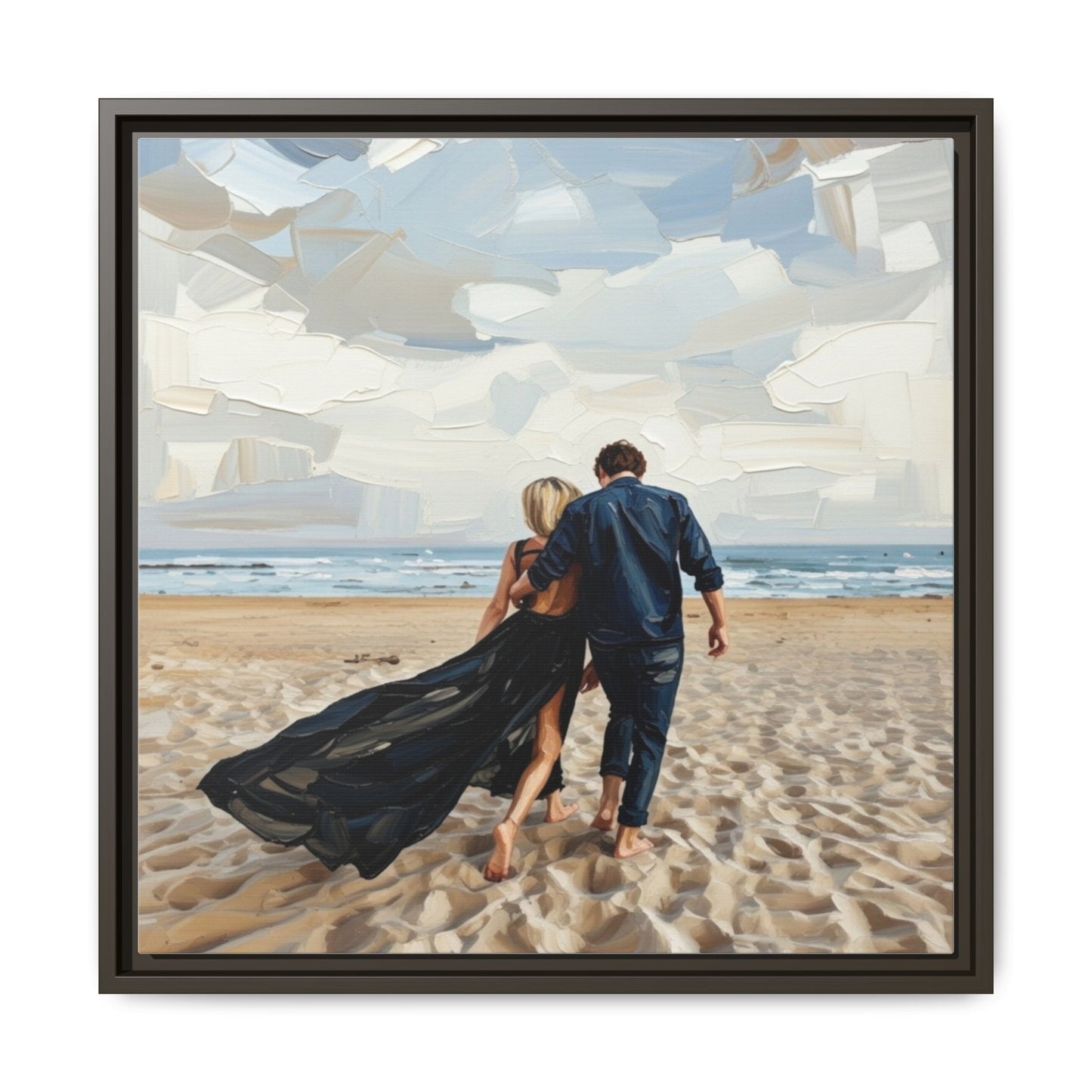 Framed Canvas Wall Art — Romantic Couple Walking on Beach Print