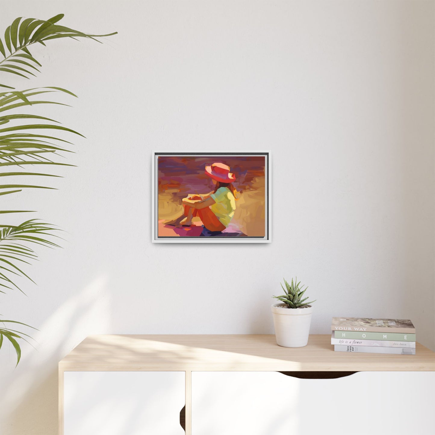 Framed Matte Canvas — Colorful Seated Girl Beach Art