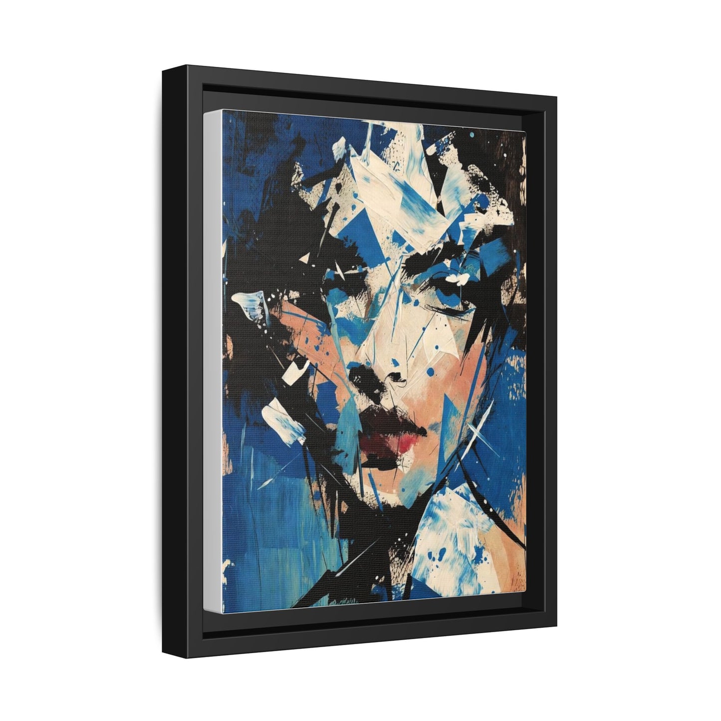 Abstract Portrait Matte Canvas Framed Wall Art — Blue Mixed-Media Face Print