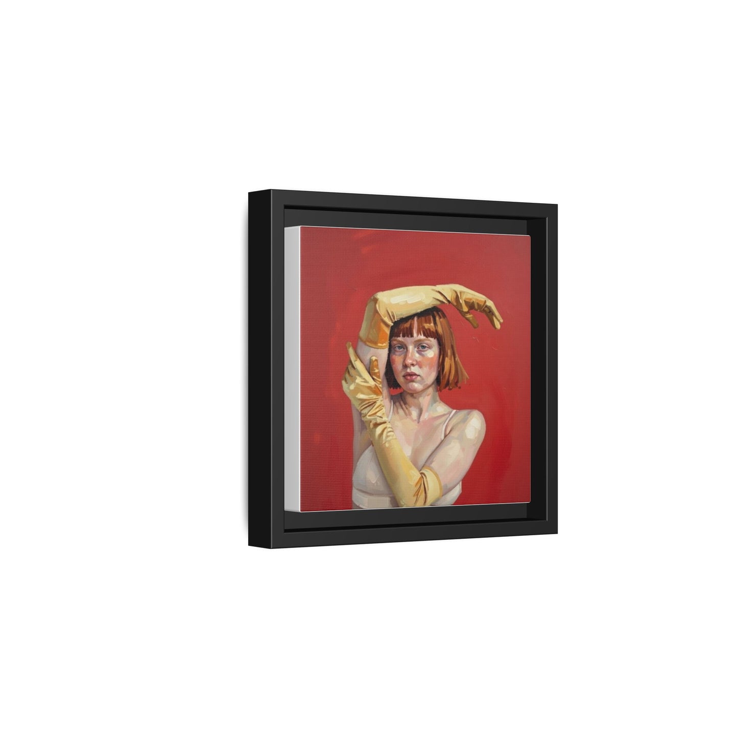 Framed Matte Canvas Art - Portrait of Woman in Yellow Gloves (Red Background)