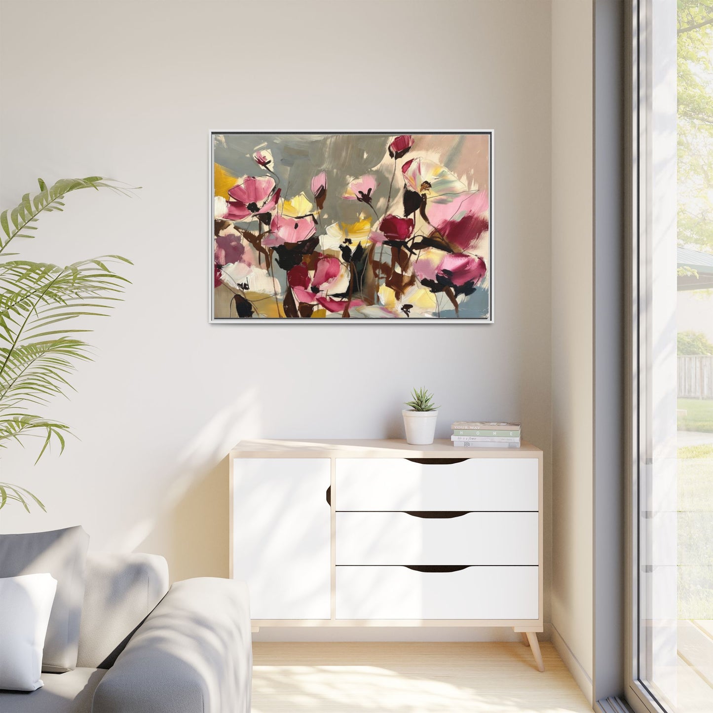 Framed Floral Canvas Wall Art — Abstract Pink & Yellow Flowers