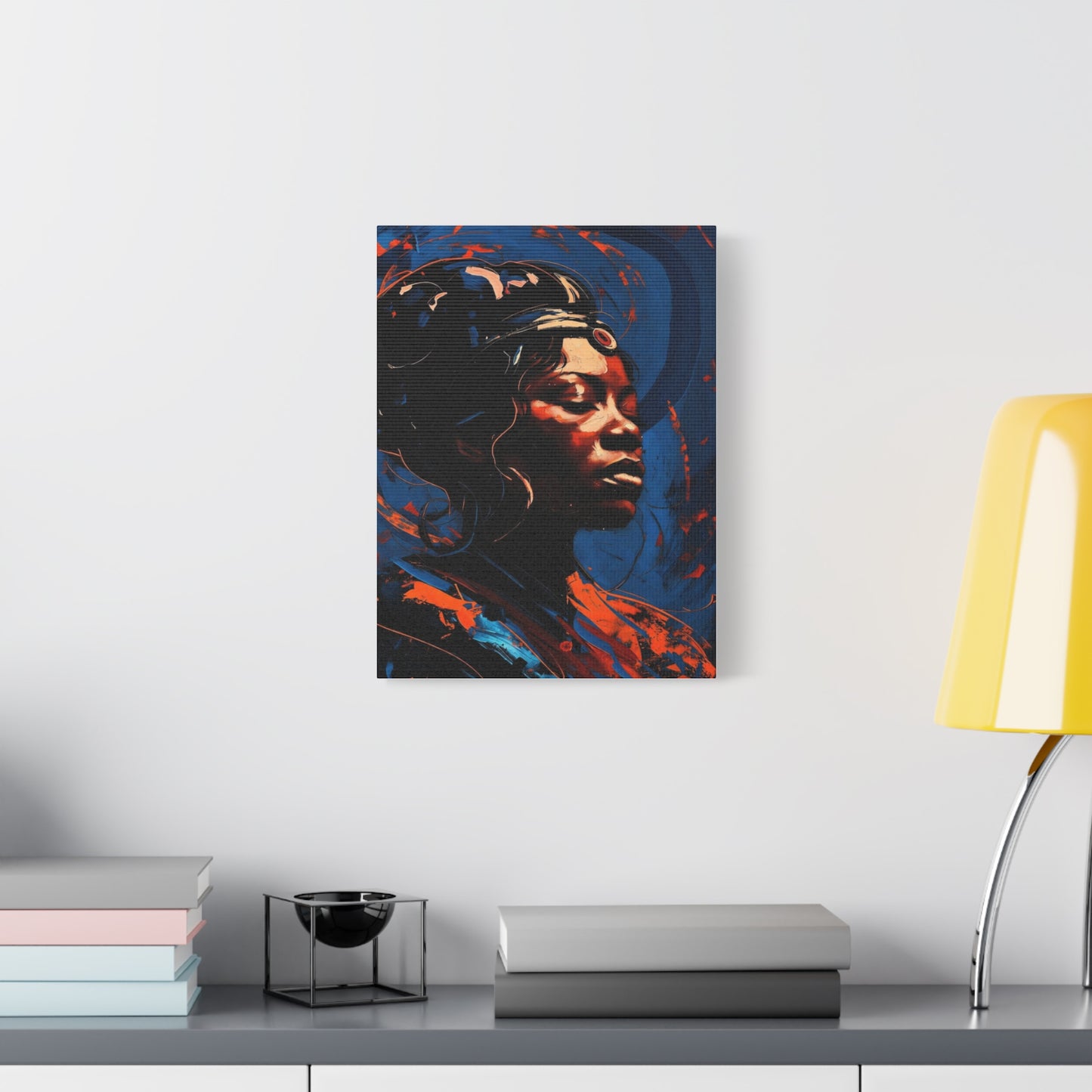 Regal Afrocentric Portrait Matte Canvas Art – Vibrant Blue & Orange Stretched Wall Decor