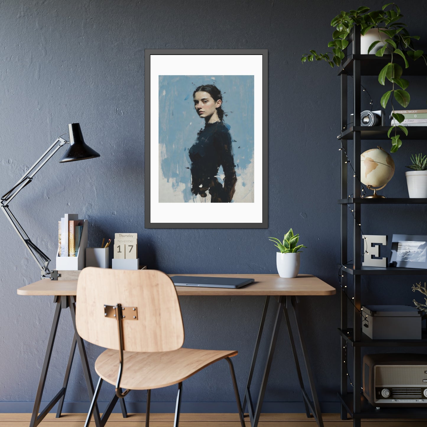 Framed Art Print — Moody Portrait with Blue Painterly Background