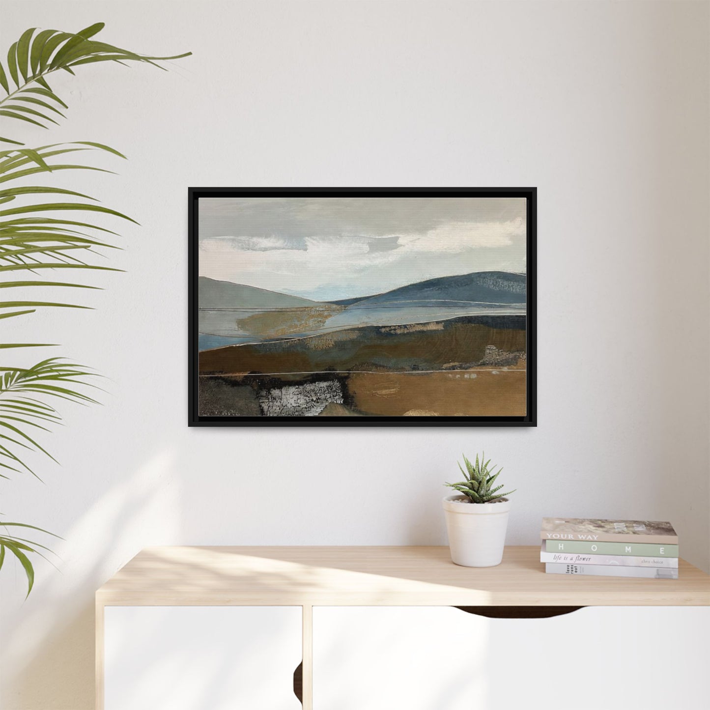 Framed Matte Canvas Landscape Art - Serene Abstract Hills in Blue & Earth Tones