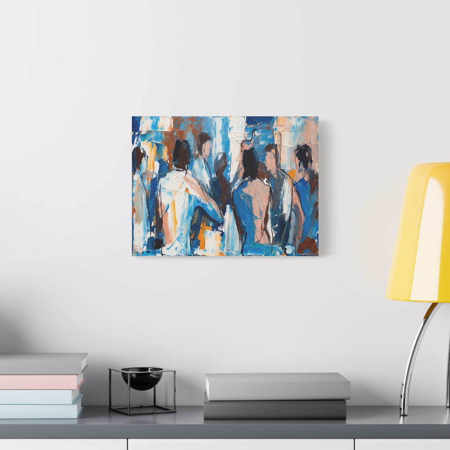 Abstract Figurative Canvas Art — Blue Social Scene Matte Stretched Canvas