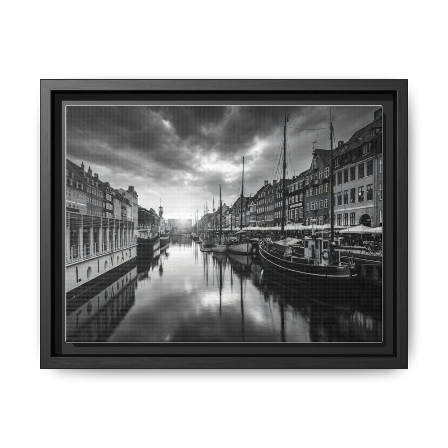 Framed Matte Canvas: Black & White Dutch Canal Photography Wall Art