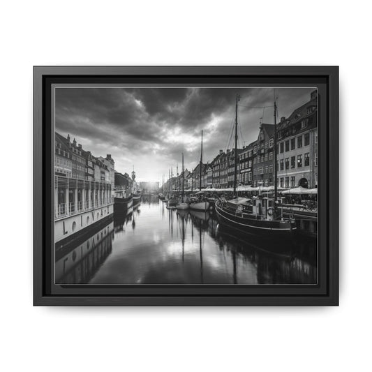 Framed Matte Canvas: Black & White Dutch Canal Photography Wall Art