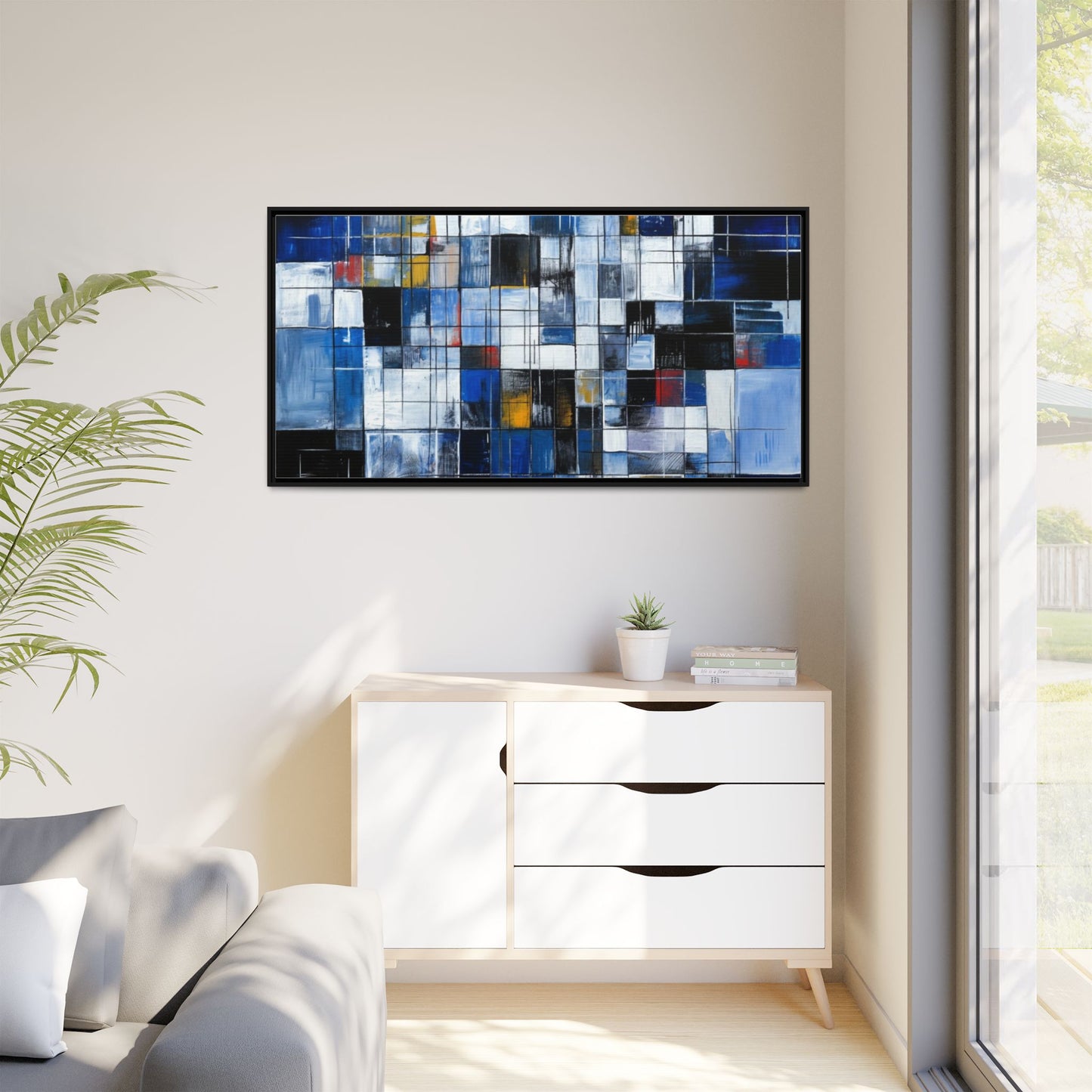 Abstract Blue Grid Matte Canvas Framed Art Print
