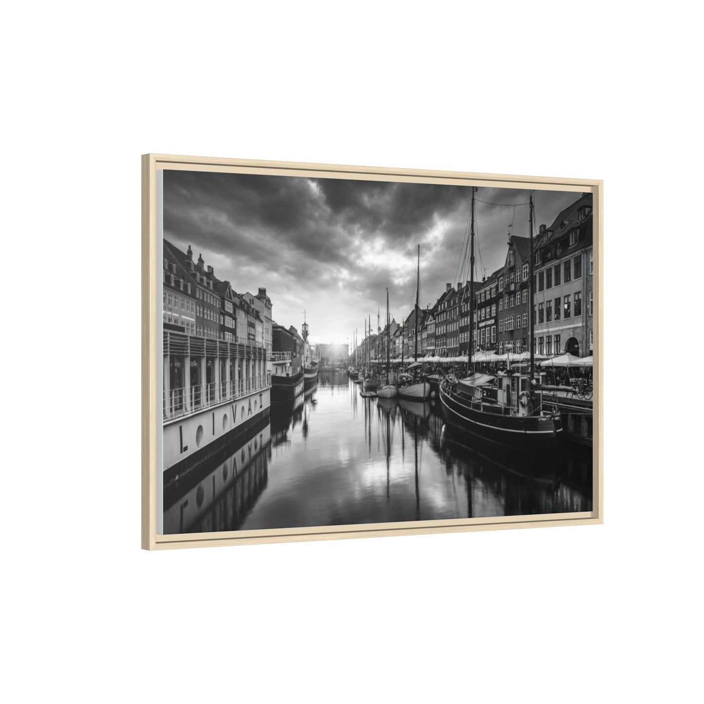 Framed Matte Canvas: Black & White Dutch Canal Photography Wall Art