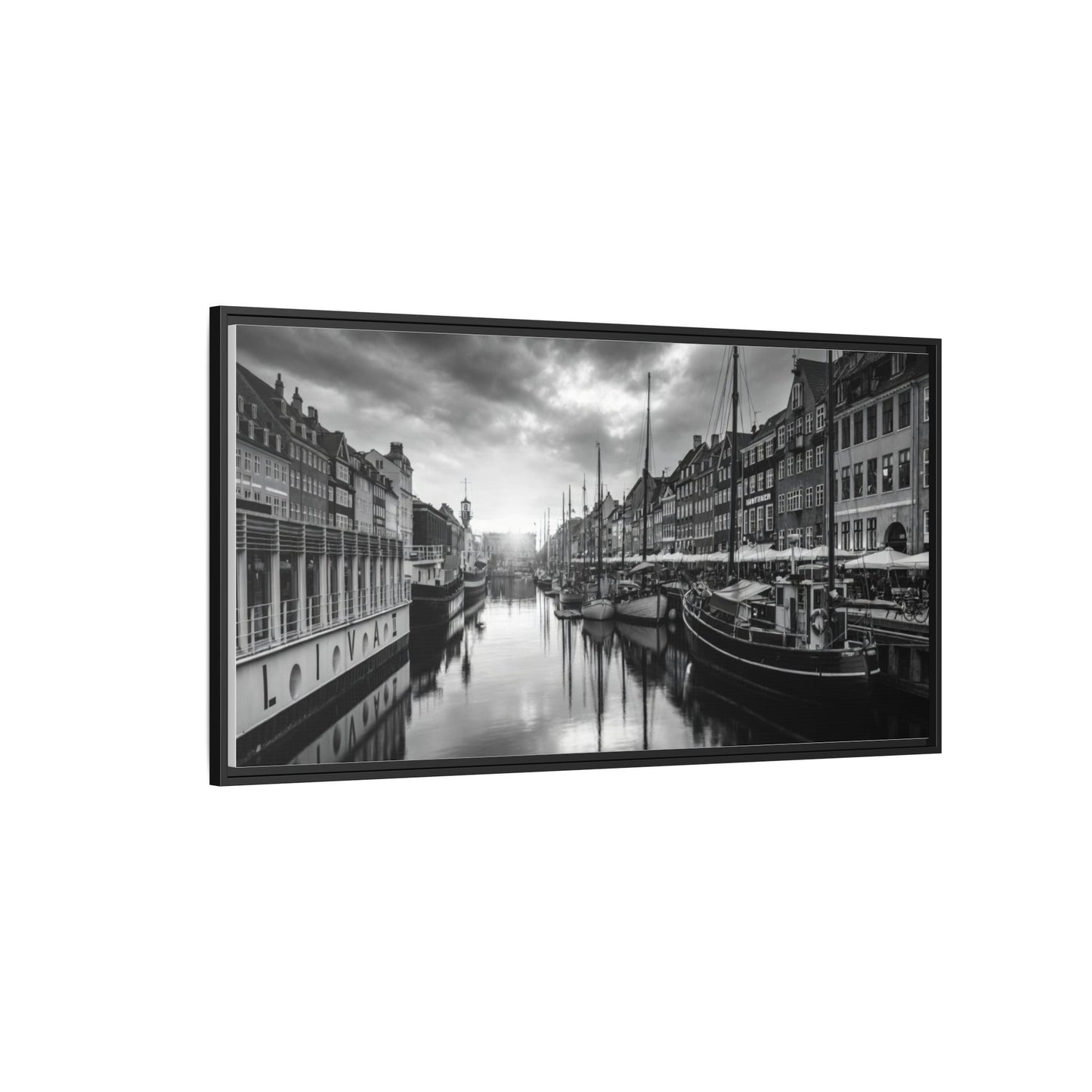 Framed Matte Canvas: Black & White Dutch Canal Photography Wall Art