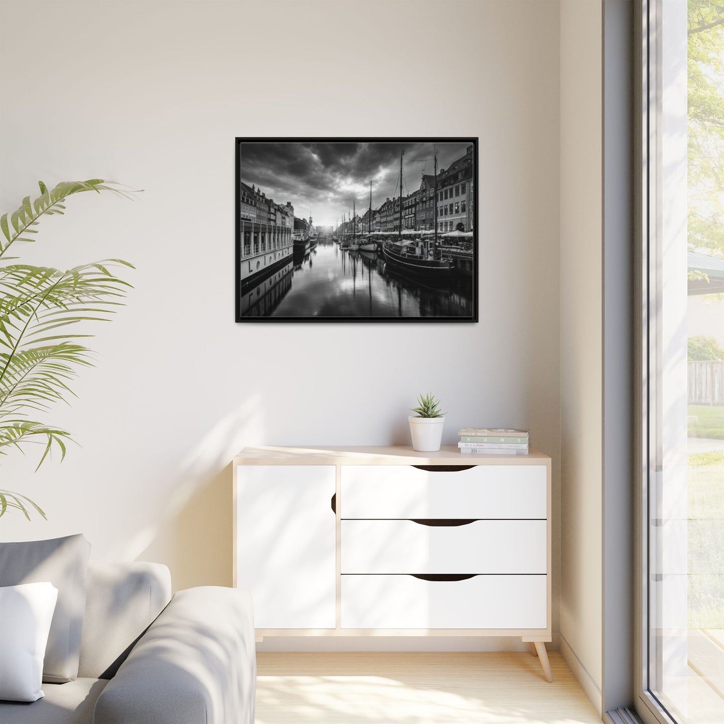 Framed Matte Canvas: Black & White Dutch Canal Photography Wall Art