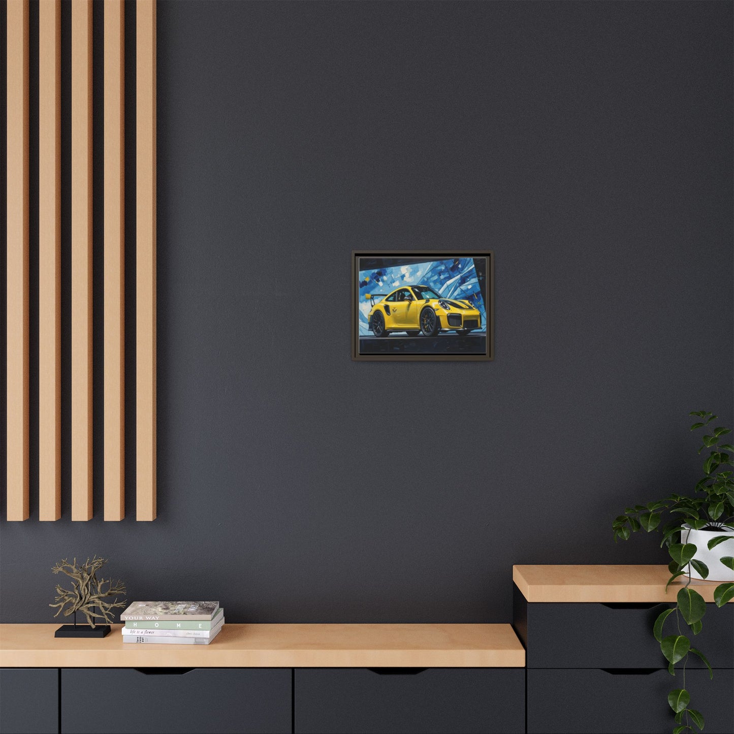 Yellow Porsche Sports Car Matte Framed Canvas – Modern Automotive Wall Art