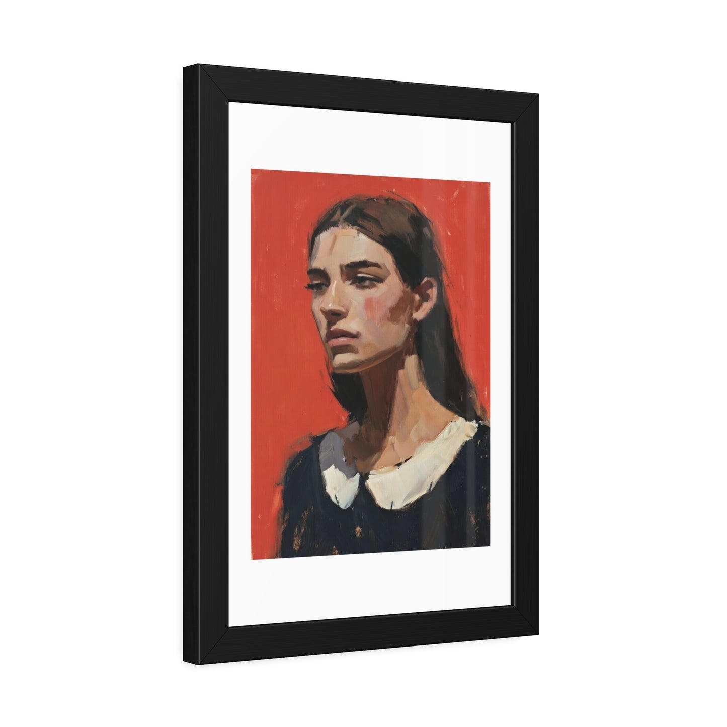 Framed Art Print — Distant Woman Portrait Painting on Red Background
