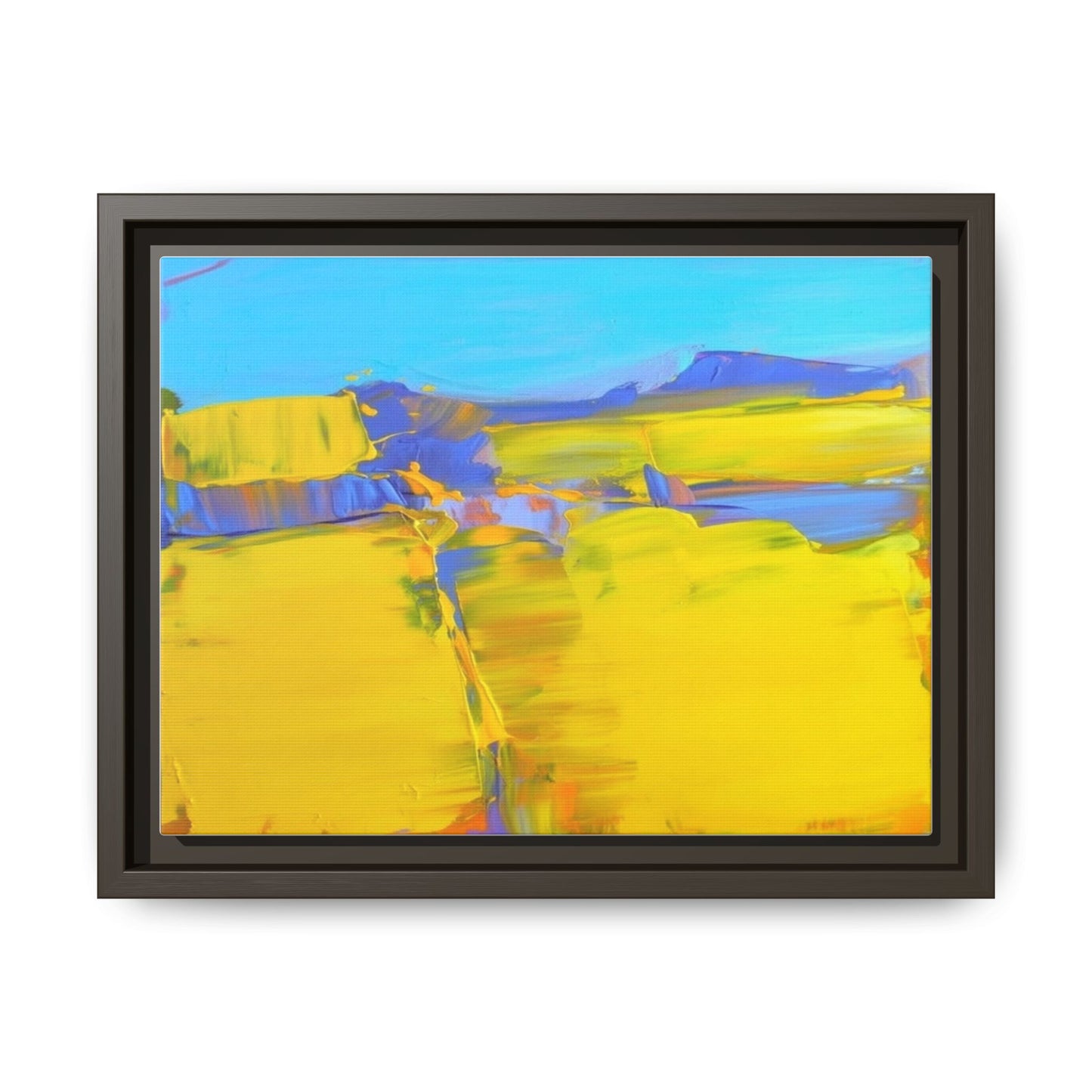 Framed Matte Canvas  Vibrant Yellow Blue Abstract Landscape Art