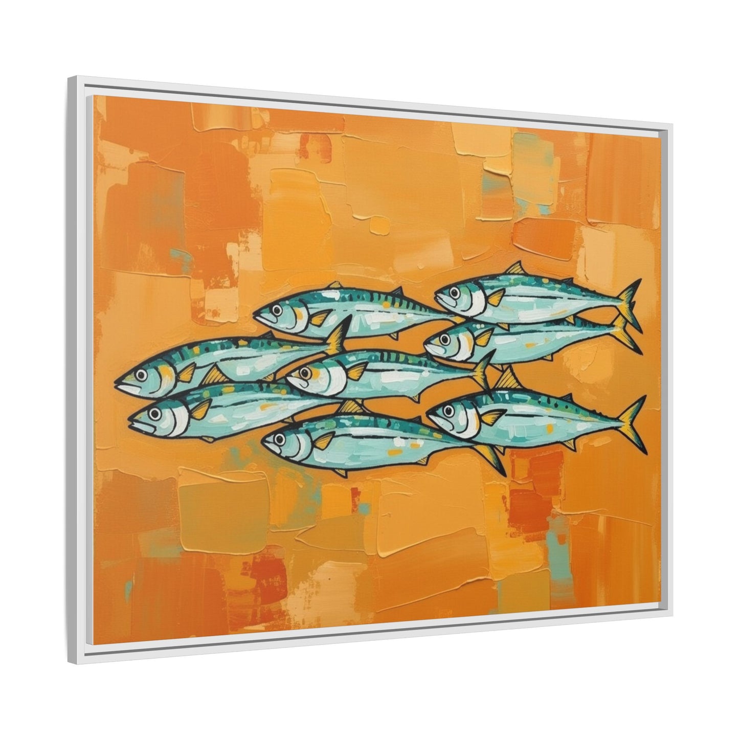 Framed Matte Canvas Print — School of Blue Fish on Orange Abstract Background