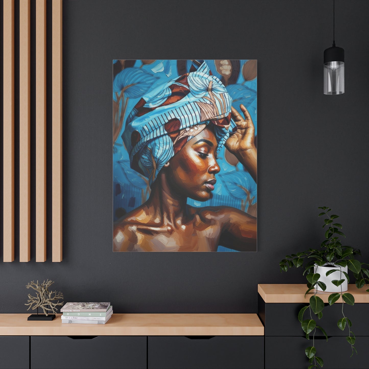 African Woman Portrait Canvas Wall Art - Blue Headwrap Matte Stretched Canvas