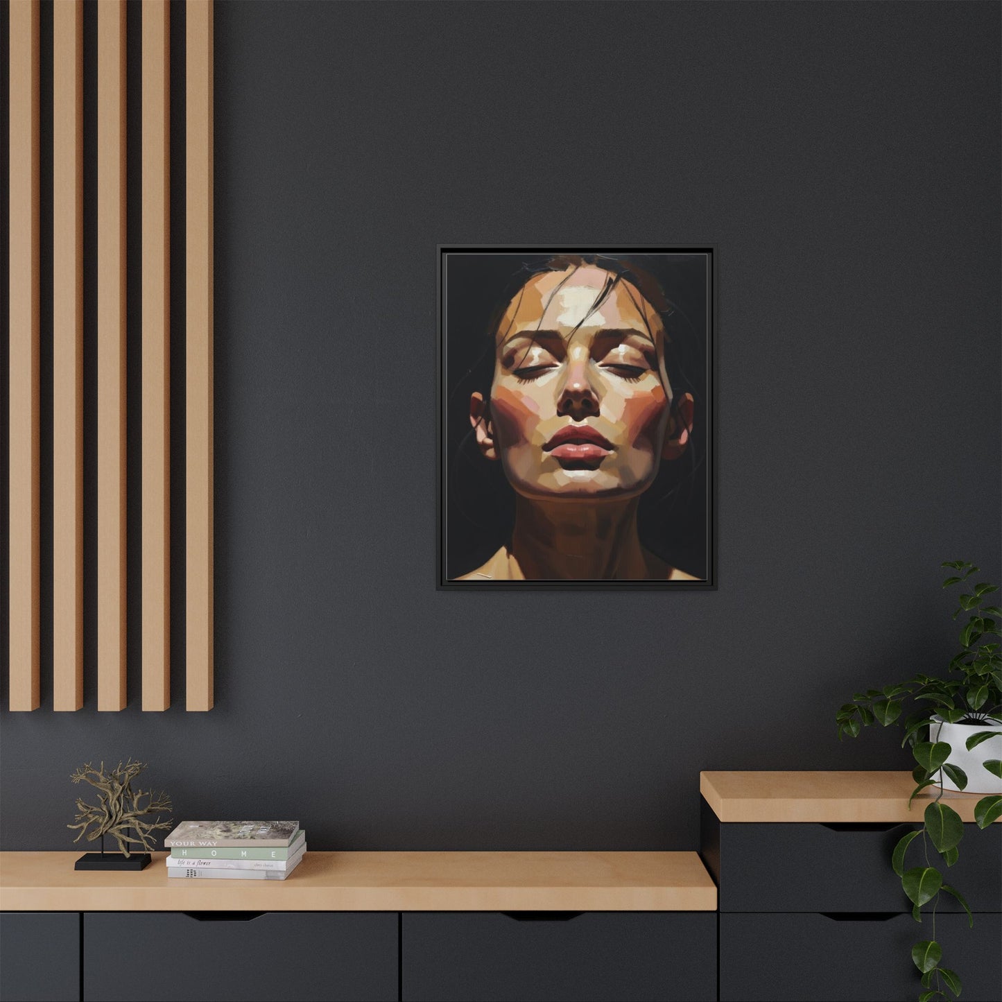 Framed Matte Canvas Portrait – Woman with Eyes Closed (Multi‑Color)