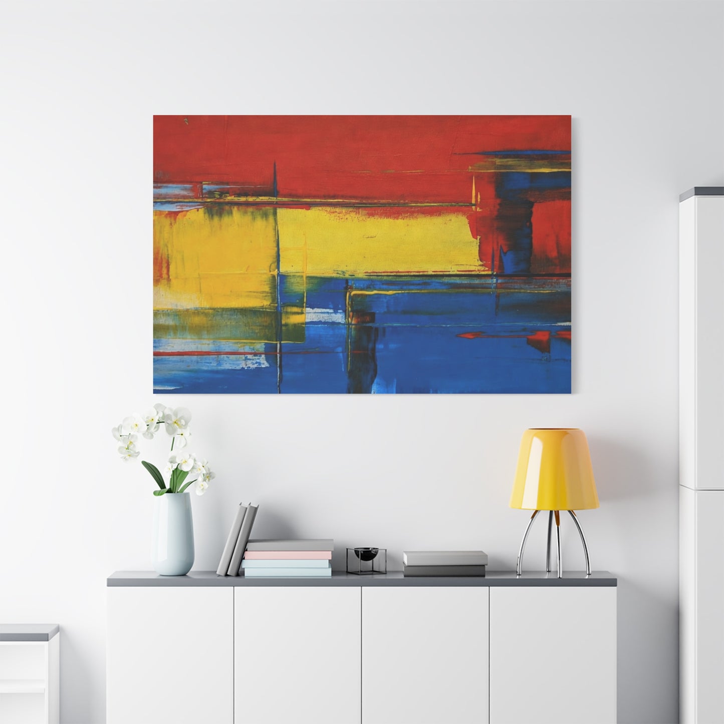 Abstract Color Block Matte Canvas Wall Art — Red, Yellow & Blue Stretched Canvas