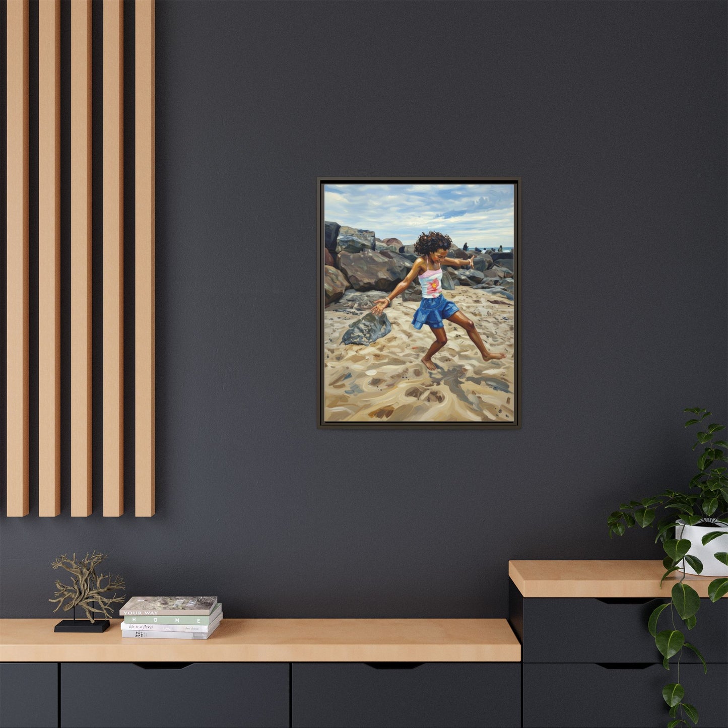 Framed Canvas Art - Girl Dancing on the Beach (Matte Multi-Color)