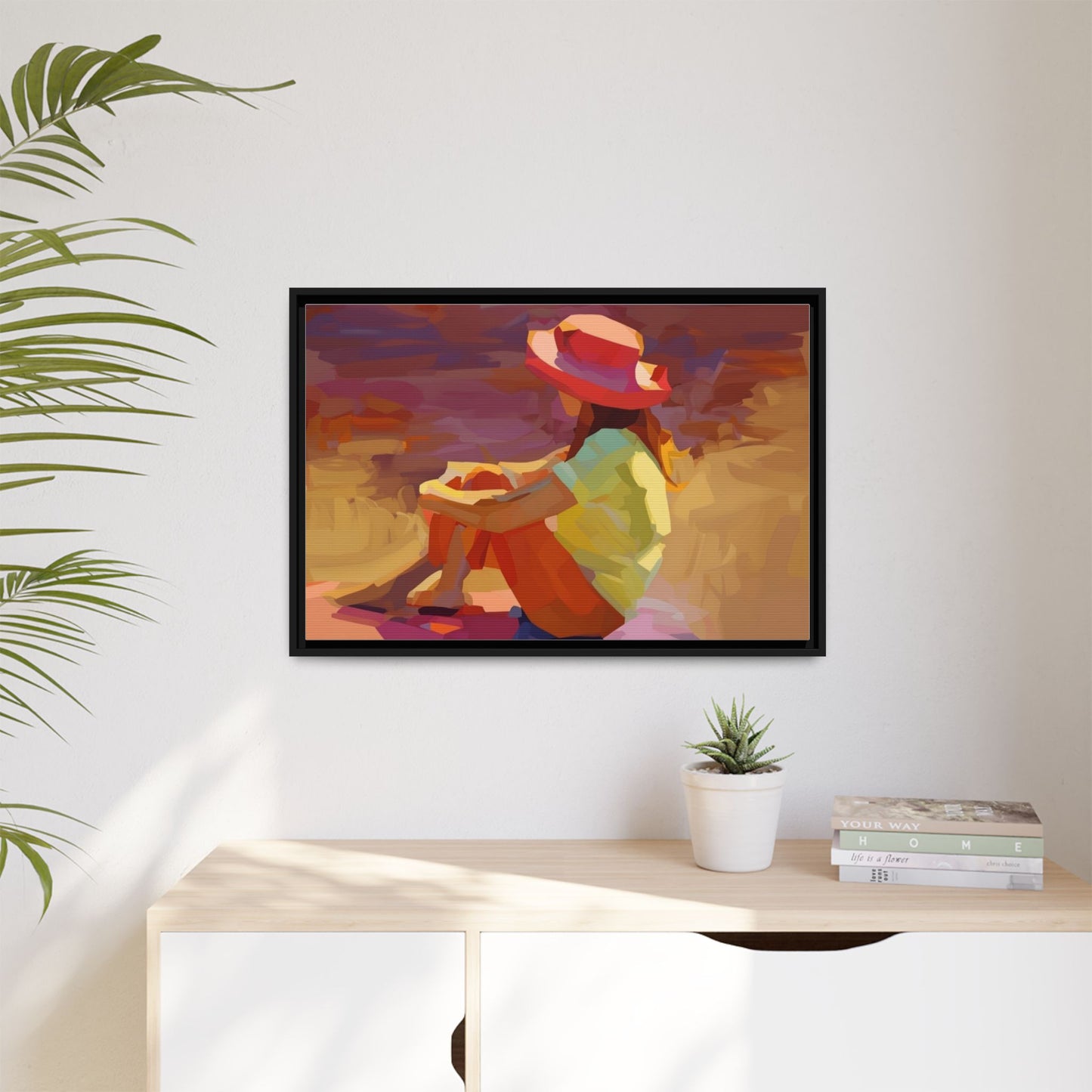 Framed Matte Canvas — Colorful Seated Girl Beach Art