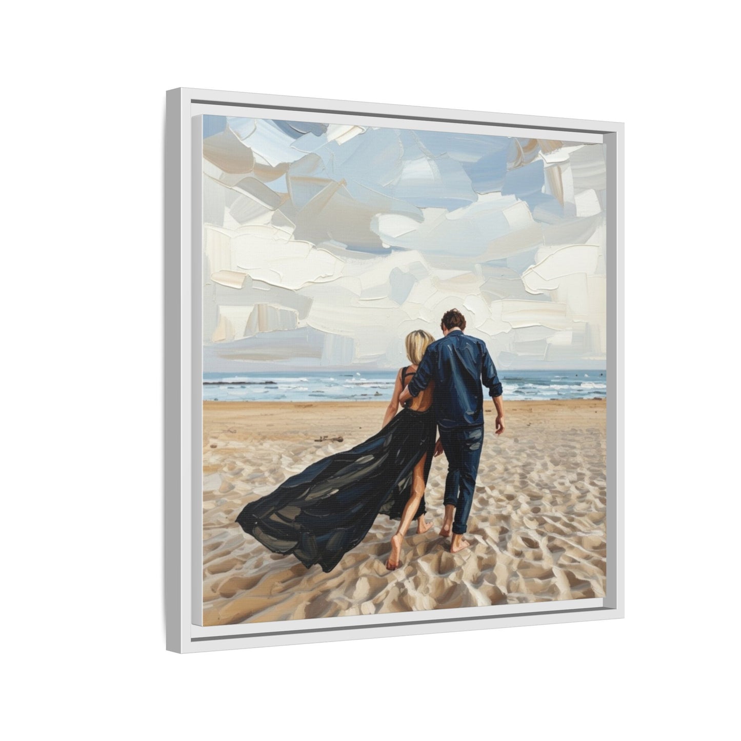 Framed Canvas Wall Art — Romantic Couple Walking on Beach Print