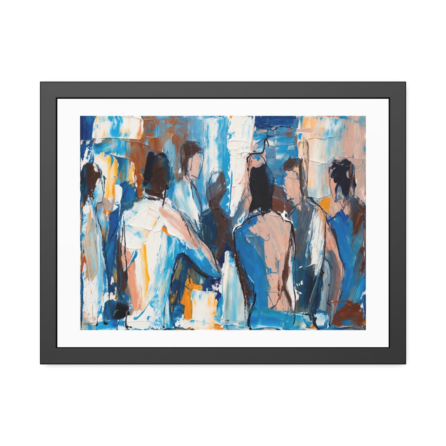 Framed Abstract Figure Art Print — Blue & Ochre Contemporary Poster