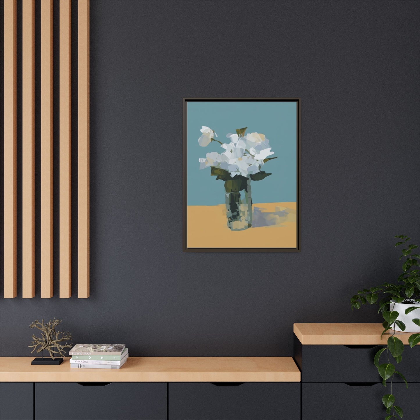 Framed Floral Still Life Canvas Art — Modern White Bouquet Wall Art