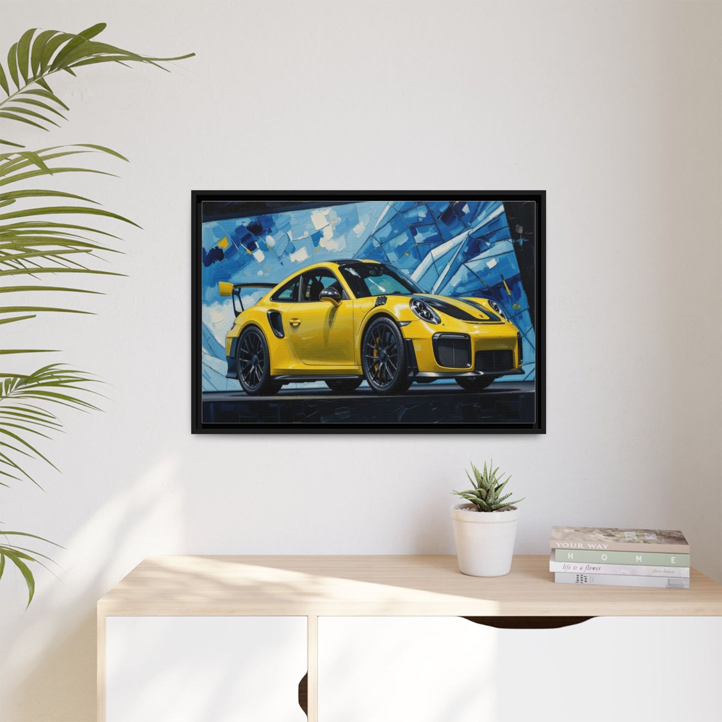 Yellow Porsche Sports Car Matte Framed Canvas – Modern Automotive Wall Art