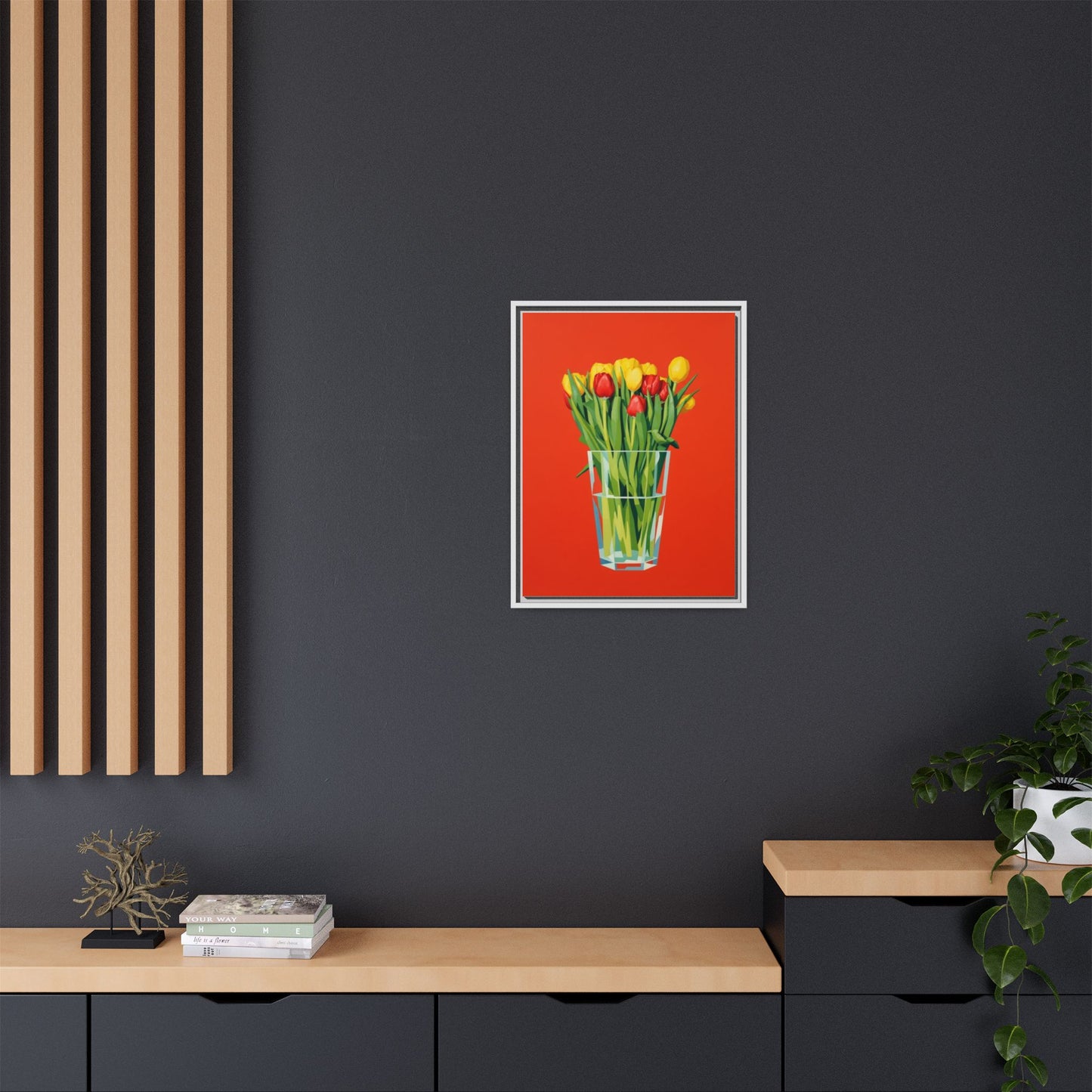 Framed Tulip Bouquet Matte Canvas Art — Vibrant Red Floral Wall Print