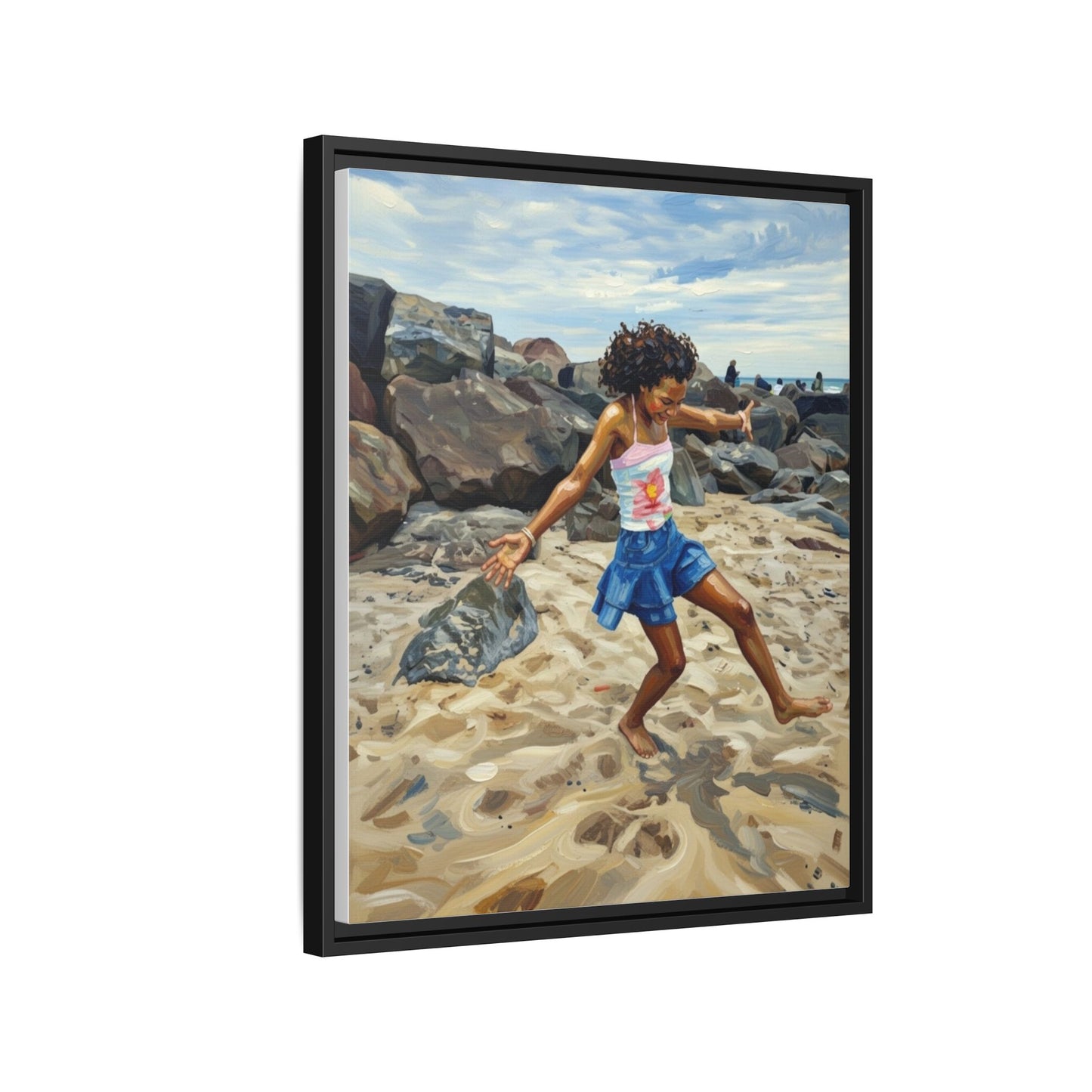 Framed Canvas Art - Girl Dancing on the Beach (Matte Multi-Color)