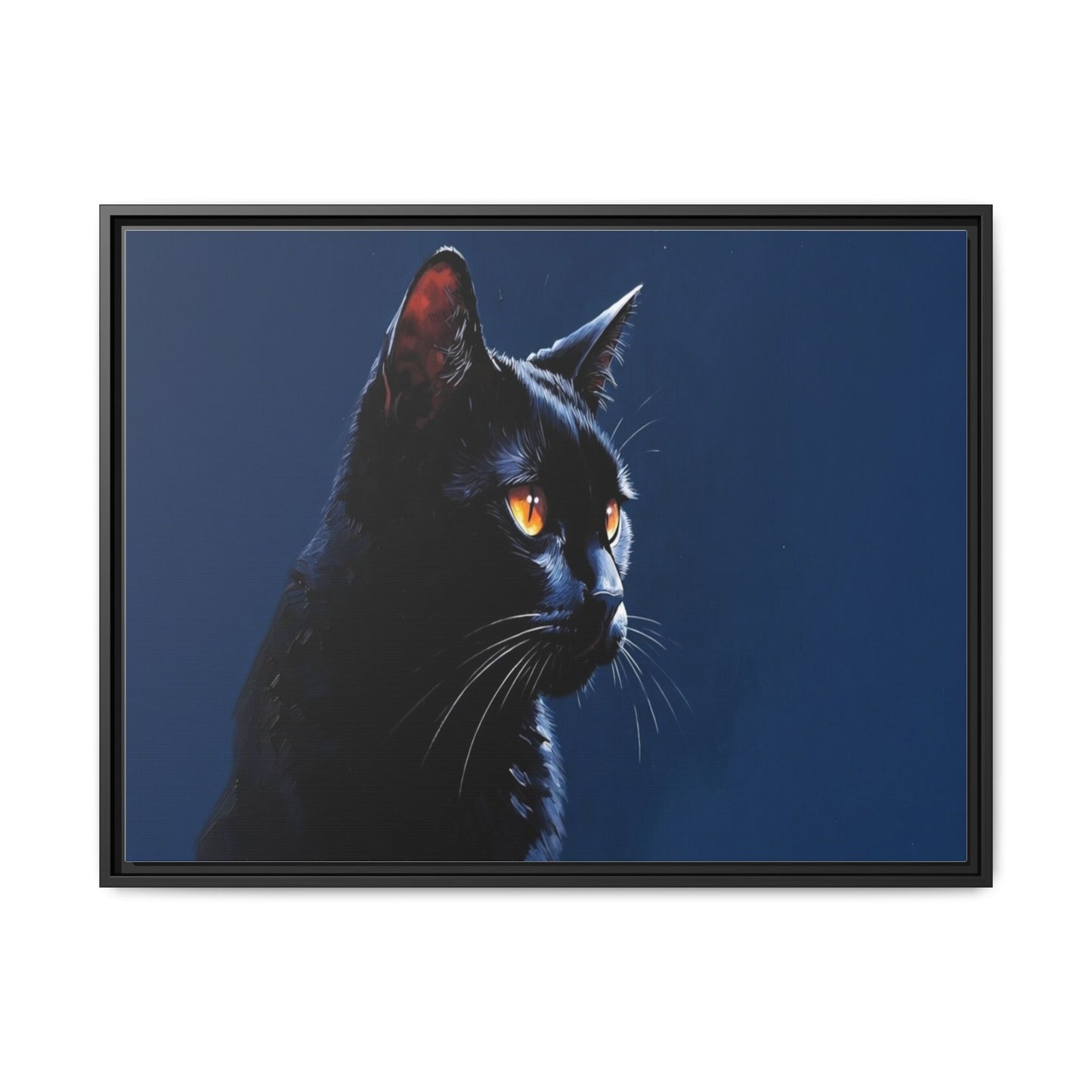 Black Cat Portrait Matte Canvas Framed Wall Art — Dramatic Feline Photo Print