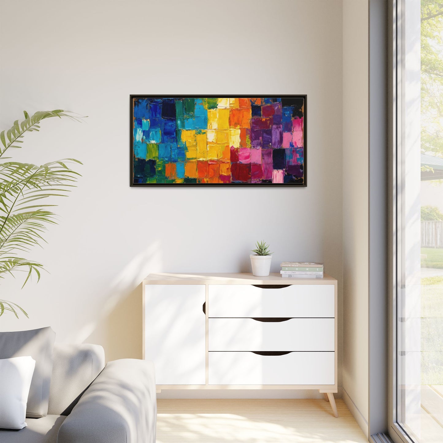 Abstract Rainbow Mosaic Framed Canvas Print — Colorful Modern Wall Art