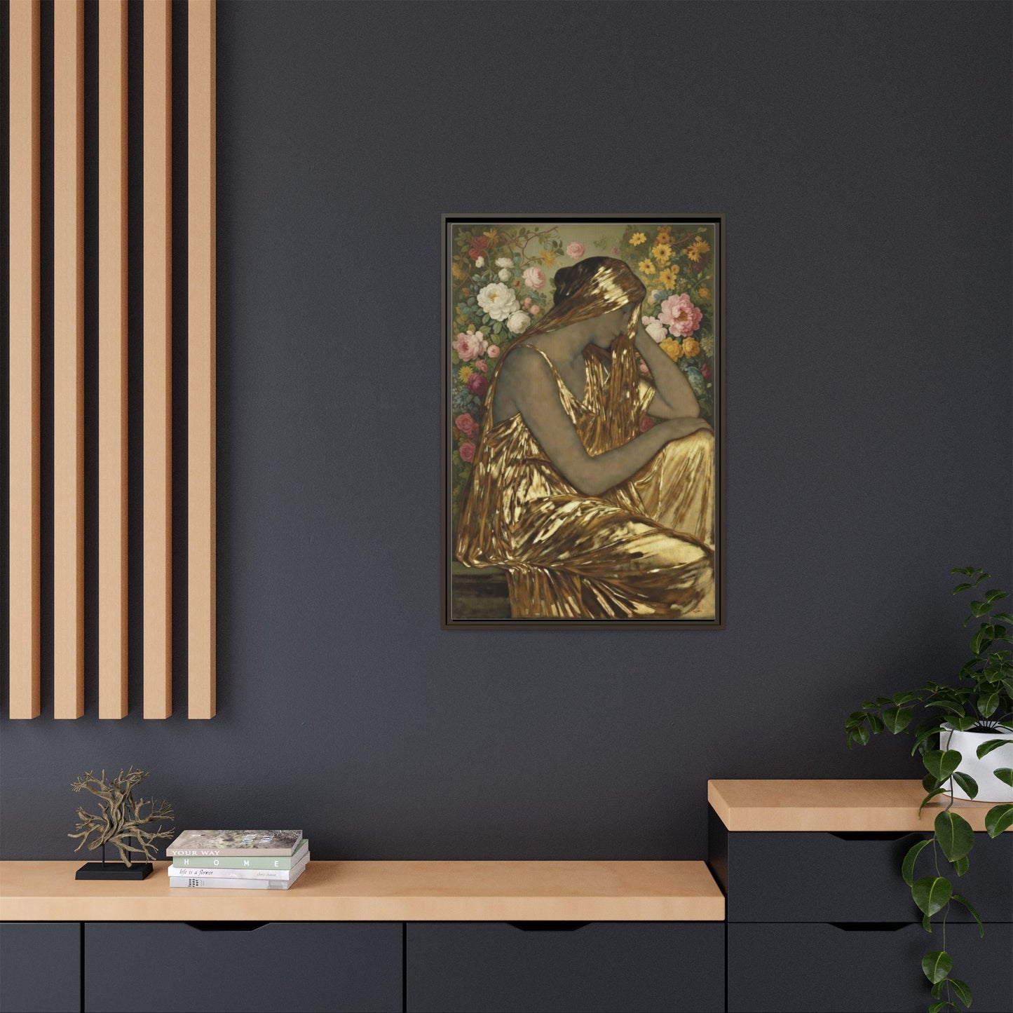Framed Canvas Art Print — Golden Muse Woman with Floral Background