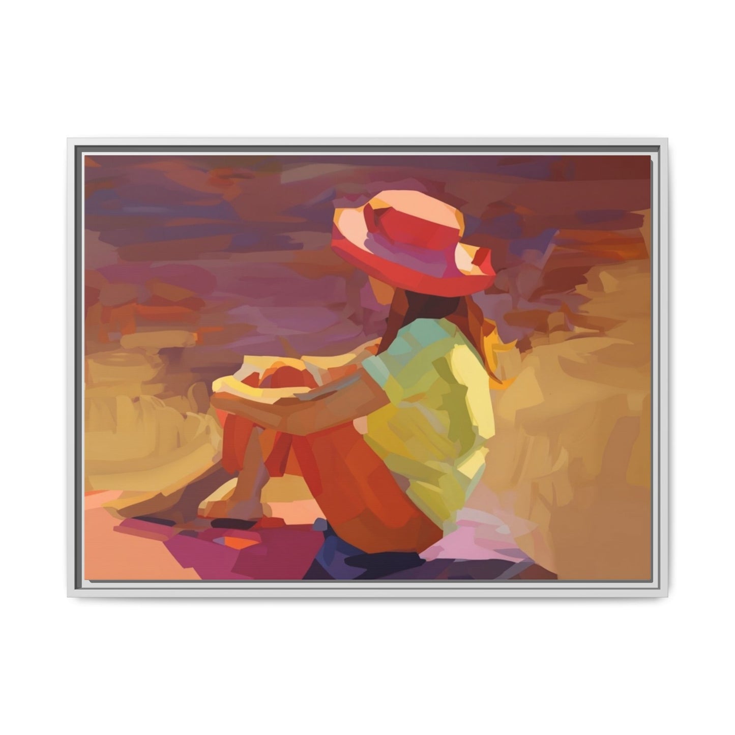 Framed Matte Canvas — Colorful Seated Girl Beach Art