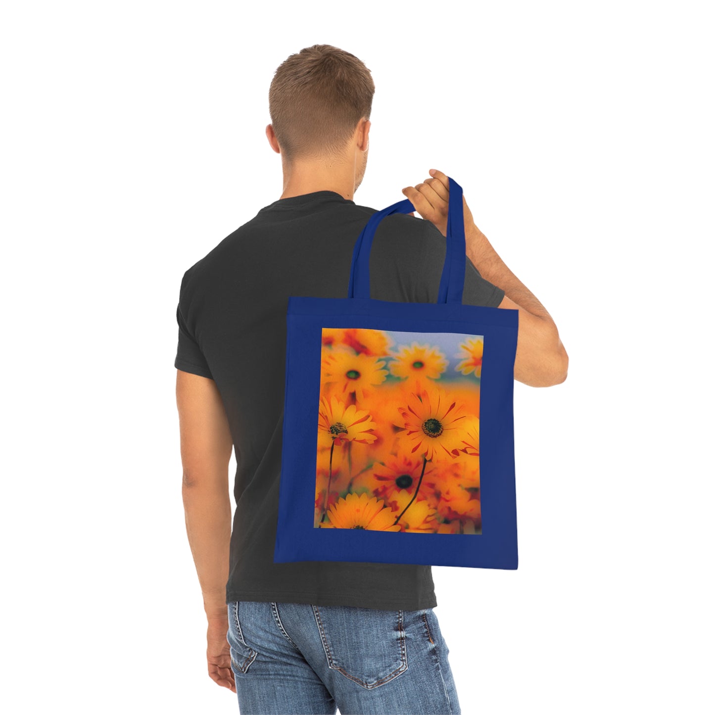 Floral Sunburst Cotton Tote — Bright Orange Daisy Print