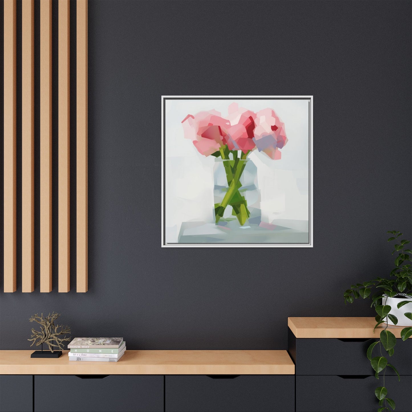 Framed Floral Canvas Art — Pink Peonies in Vase (Matte)