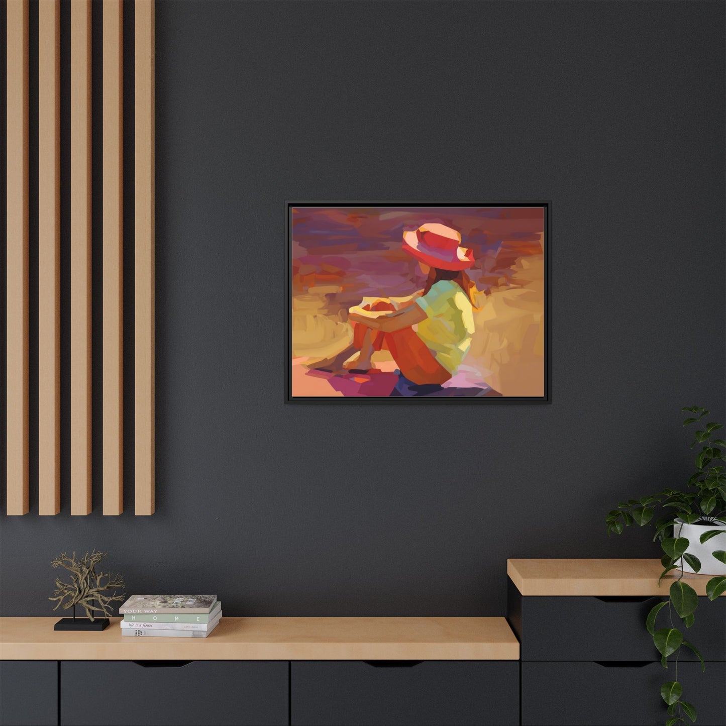 Framed Matte Canvas — Colorful Seated Girl Beach Art