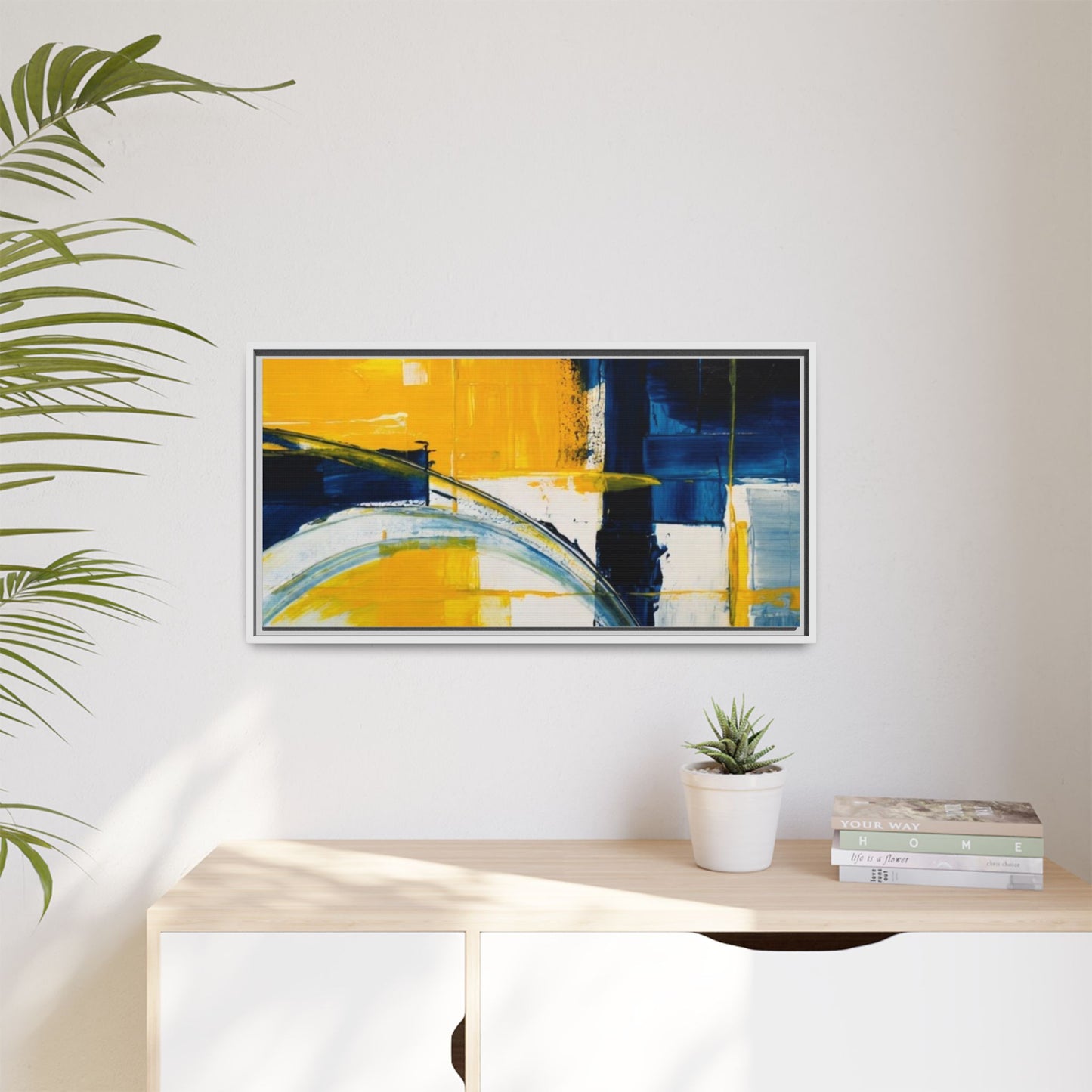 Abstract Yellow & Blue Framed Canvas Wall Art — Modern Matte Canvas Print