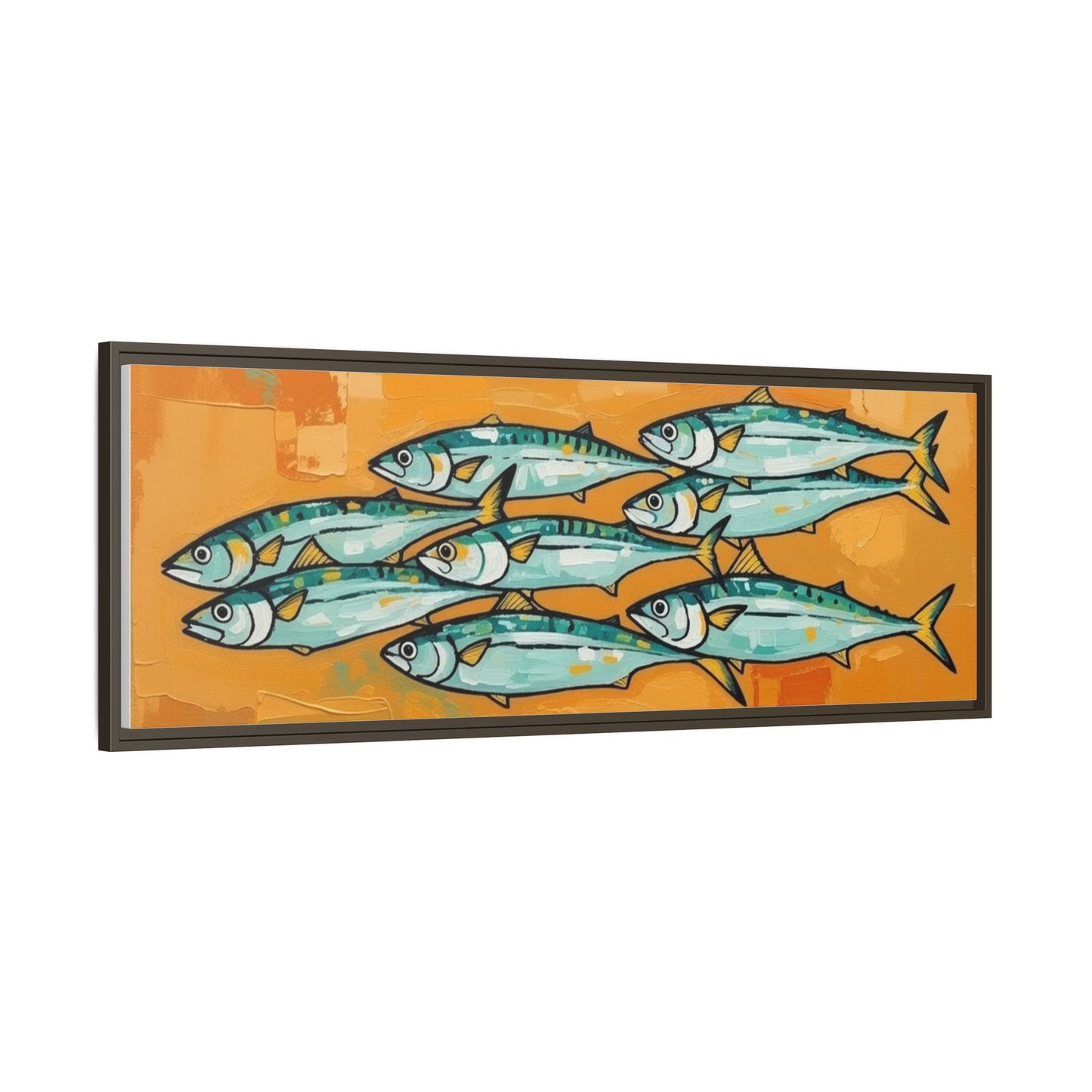 Framed Matte Canvas Print — School of Blue Fish on Orange Abstract Background