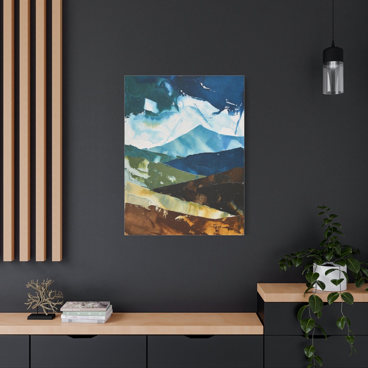 Abstract Mountain Landscape Matte Canvas Wall Art — Blue & Earth Tone Stretched Canvas