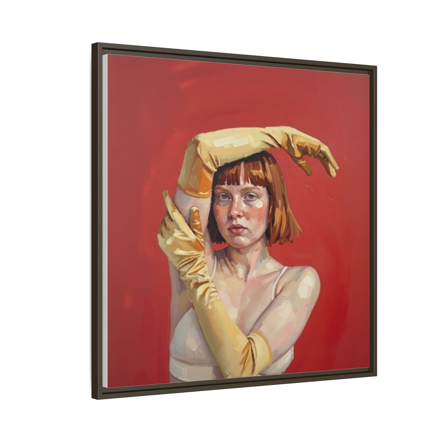 Framed Matte Canvas Art - Portrait of Woman in Yellow Gloves (Red Background)