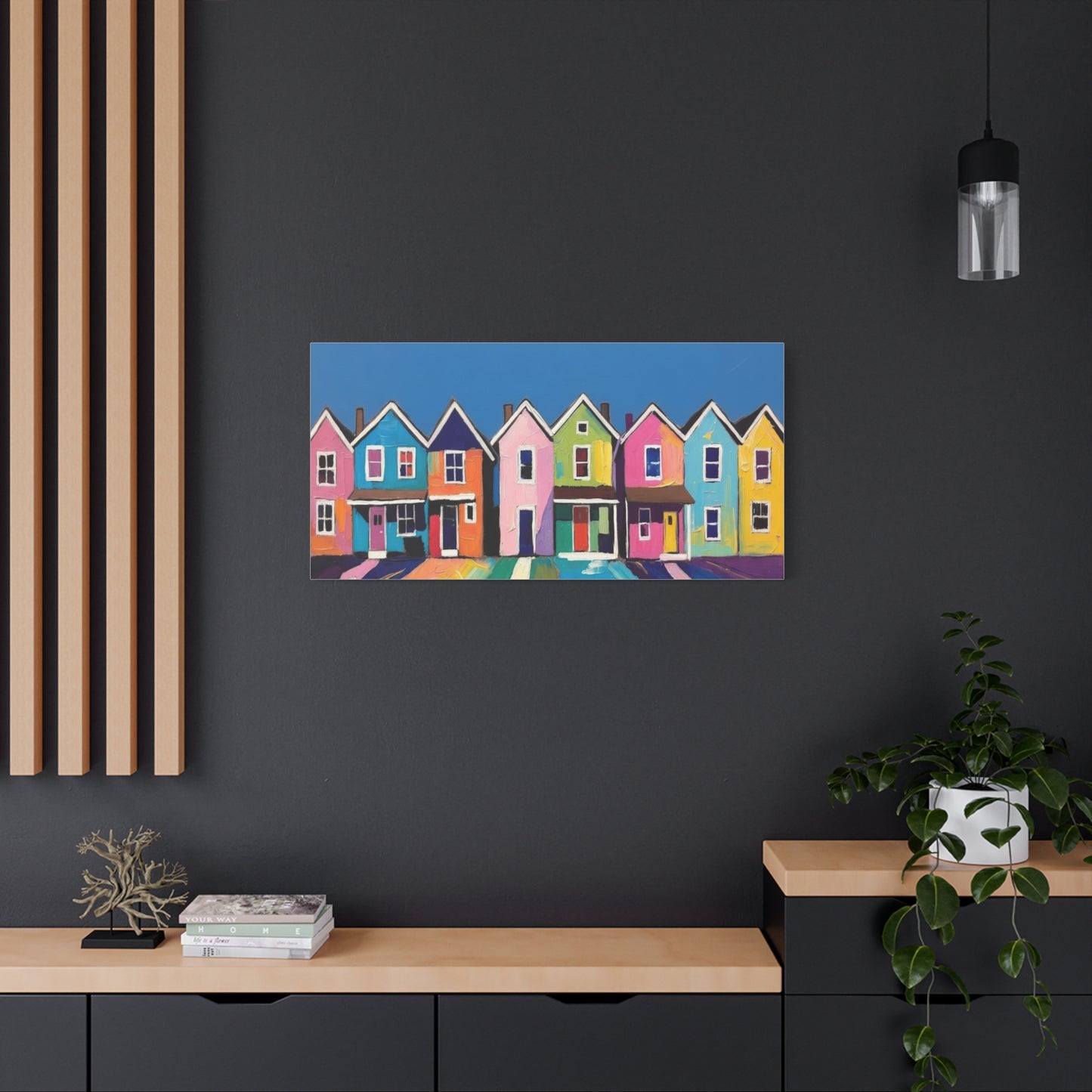 Colorful Row Houses Matte Canvas Print Vibrant Coastal Neighborhood Wall Art