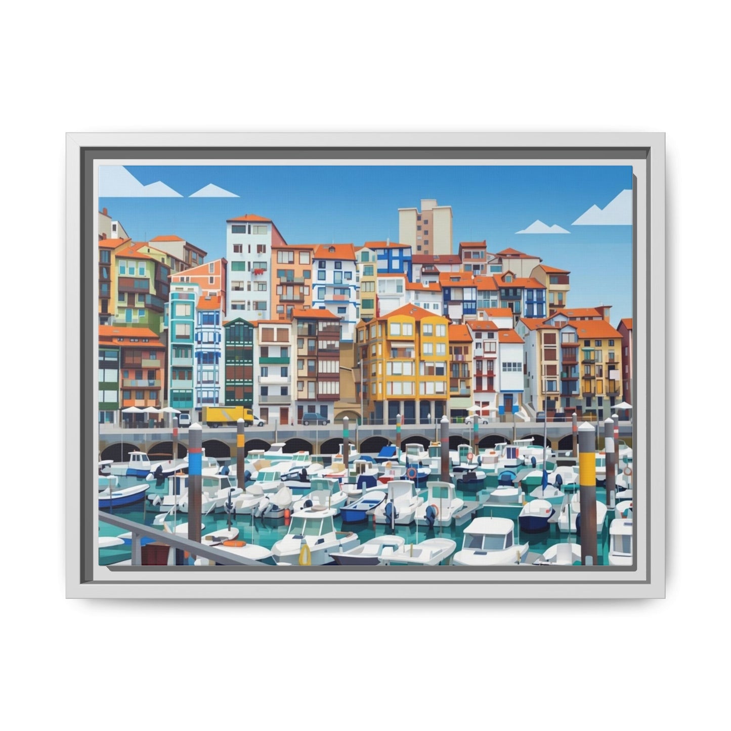 Framed Matte Canvas Print — Colorful Mediterranean Harbor Illustration