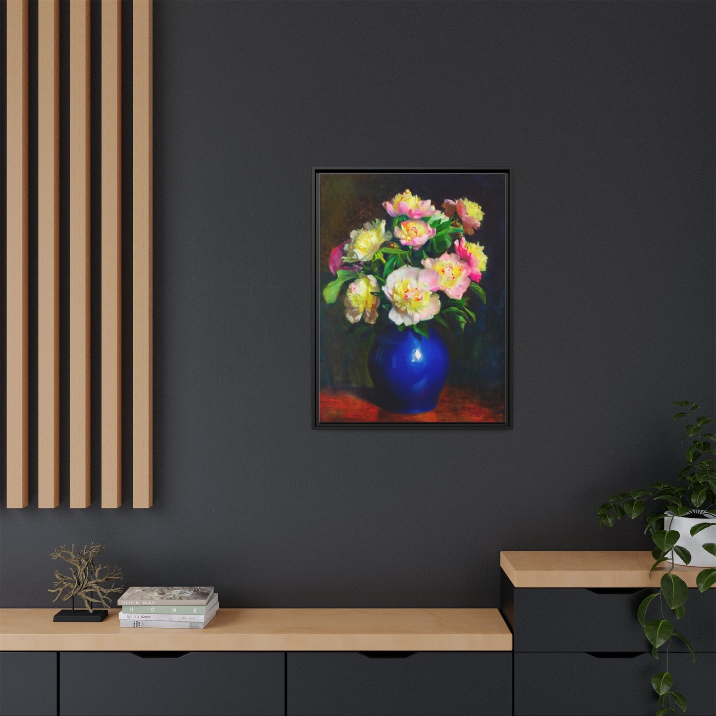 Framed Matte Canvas Wall Art — Vintage Floral Bouquet in Blue Vase