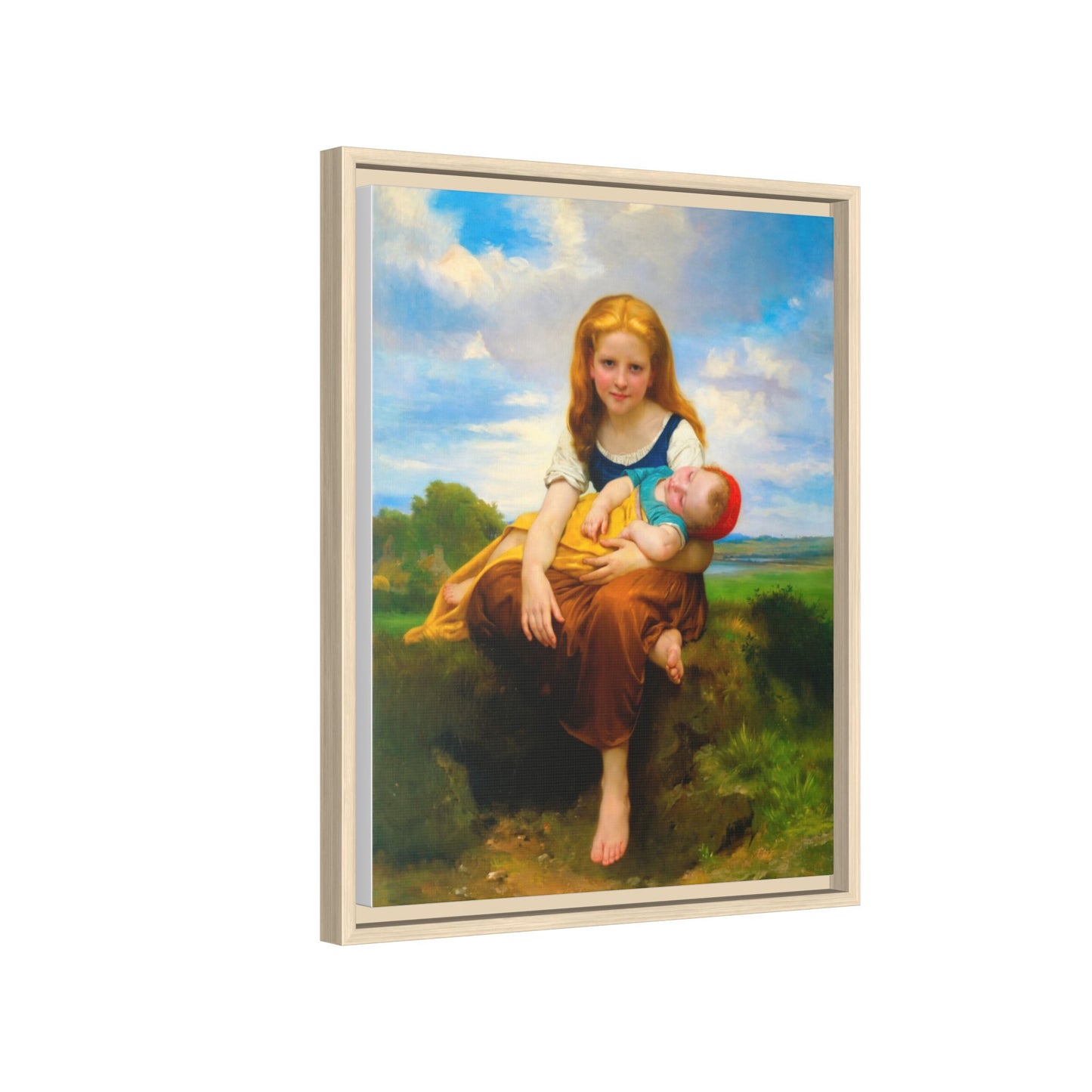 Young Girl Holding Sleeping Baby Canvas Print, Framed Wall Art
